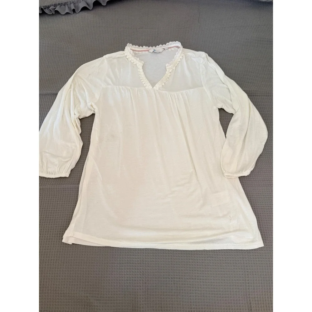 Boden Crochet Lace V-Neck Top US 6 Ivory Modal Long Sleeve Tunic Peasant Cottage
